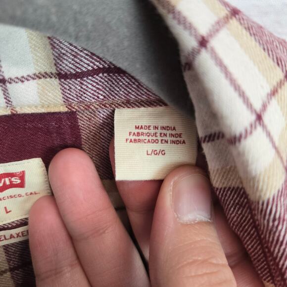 Levis Men Flannel L Burgundy Tan Check Soft Cotton Blend Casual Gorpcore Outdoor - Picture 5 of 10